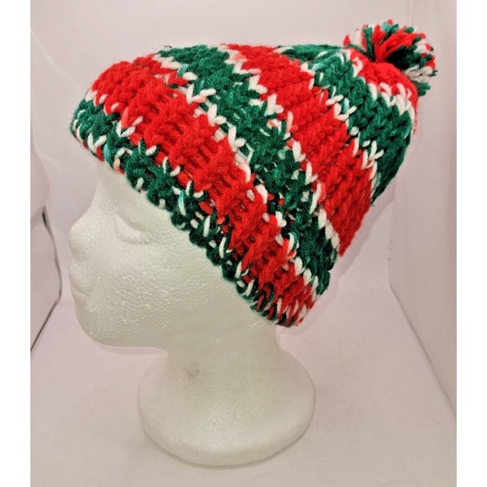 Handmade Crochet Beanie hat Knit Winter cap Unisex green red stocking POM